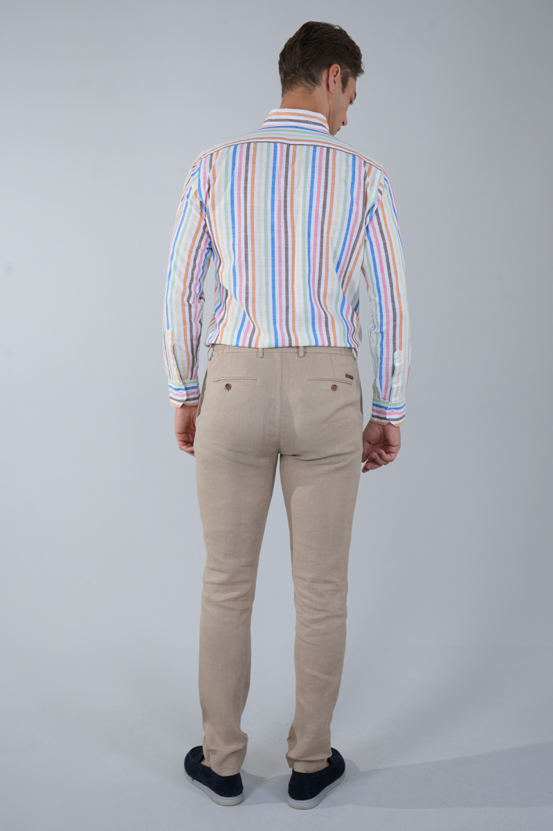 Erkek Camel Lastikli Bağcıklı Spor Keten Pantolon - 2