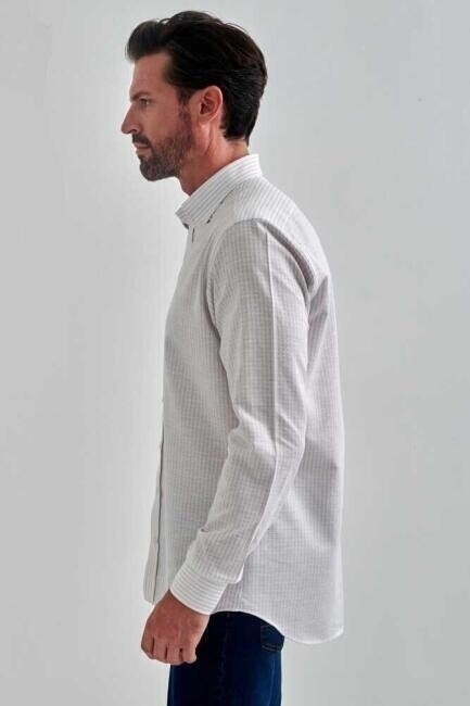 Erkek Gri Keten Pamuk Spor Uzun Kollu Gömlek - 4