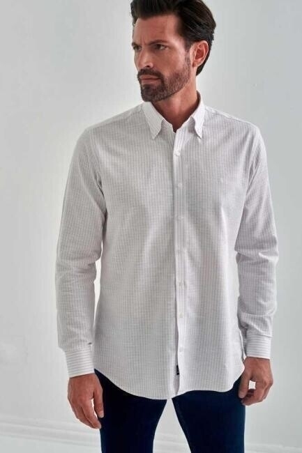 Erkek Gri Keten Pamuk Spor Uzun Kollu Gömlek - 5