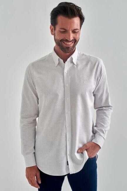 Erkek Gri Keten Pamuk Spor Uzun Kollu Gömlek