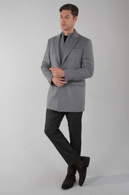 Erkek Gri Yün Kaşmir Palto - 5
