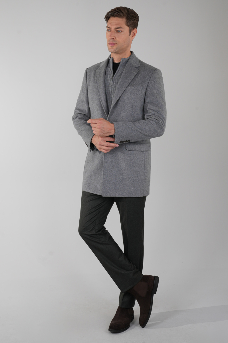 Erkek Gri Yün Kaşmir Palto - 5