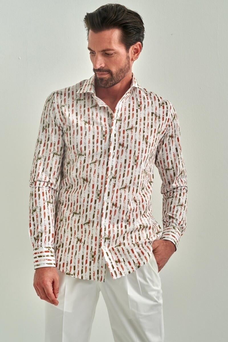 Erkek Kahve Desenli Slim Fit Pamuk Spor Gömlek - 4