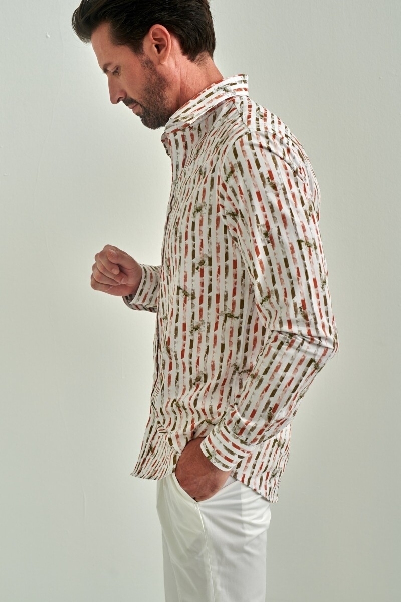 Erkek Kahve Desenli Slim Fit Pamuk Spor Gömlek - 5