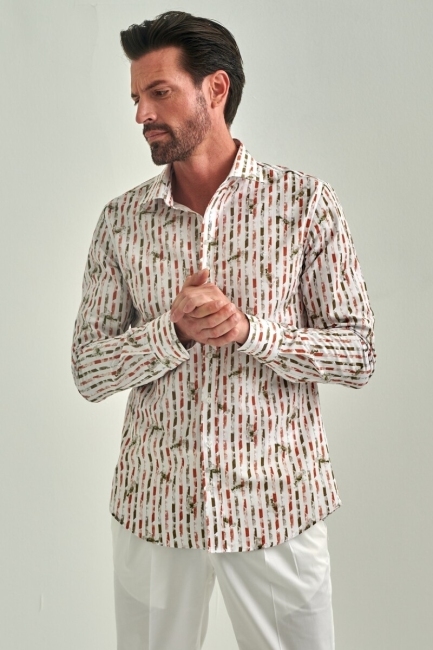 Erkek Kahve Desenli Slim Fit Pamuk Spor Gömlek 