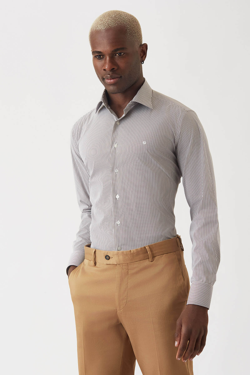 Erkek Kahve Pamuk Regular Fit Uzun Kol Klasik Gömlek