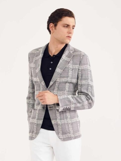 Bisse Erkek Kareli Slim Fit Örme Ceket GRİ. 1 Bisse Erkek Kareli Slim Fit Örme Ceket GRİ. 1