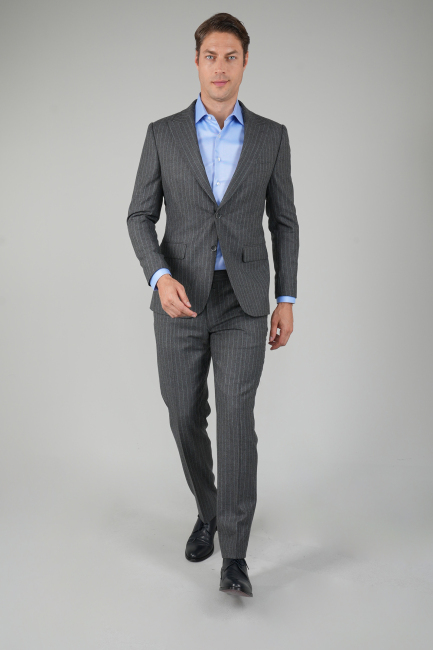 Erkek Kırlangıç Yaka 6 Drop Çizgili Gri Takım Elbise 