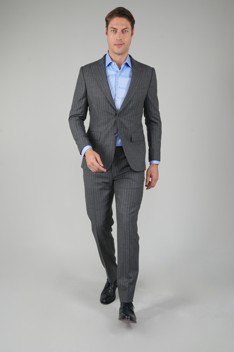 Erkek Kırlangıç Yaka 6 Drop Çizgili Gri Takım Elbise
