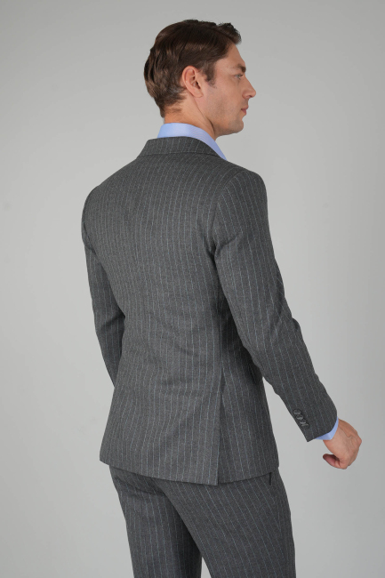 Erkek Kırlangıç Yaka 6 Drop Çizgili Gri Takım Elbise - 2