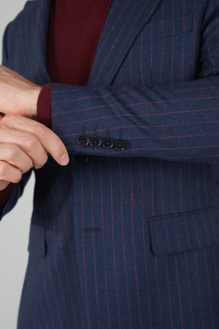 Erkek Kırlangıç Yaka 6 Drop Çizgili Lacivert Takım Elbise - 5