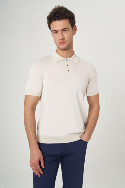 Erkek Kısa Kol Polo Yaka Düğmeli Basic Yazlık Triko T-Shirt Ekru - 1