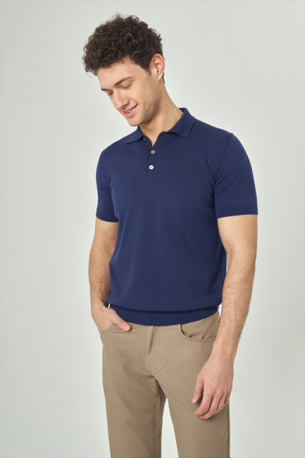 Erkek Kısa Kol Polo Yaka Düğmeli Basic Yazlık Triko T-Shirt Lacivert - 4