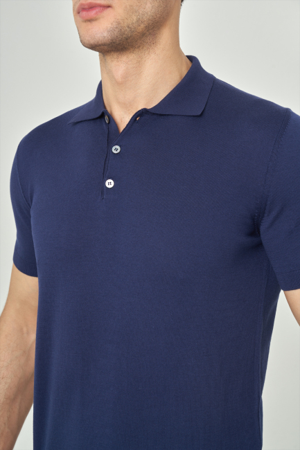 Erkek Kısa Kol Polo Yaka Düğmeli Basic Yazlık Triko T-Shirt Lacivert - 3