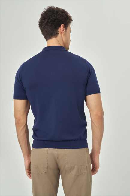 Erkek Kısa Kol Polo Yaka Düğmeli Basic Yazlık Triko T-Shirt Lacivert - 2