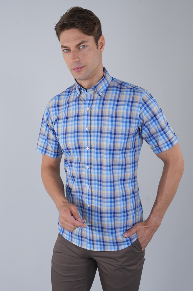 Erkek Kısa Kollu Regular Fit Pamuk Mavi Gömlek - 1