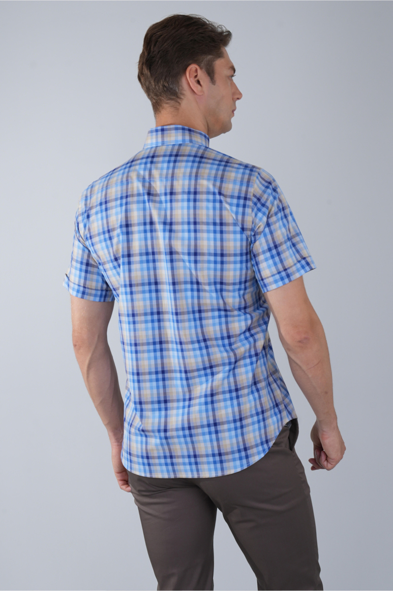 Erkek Kısa Kollu Regular Fit Pamuk Mavi Gömlek - 2