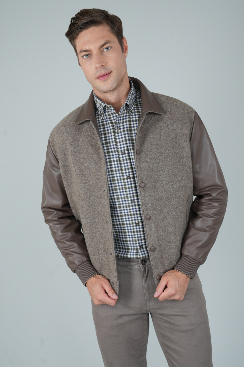 Erkek Kolları Deri Kaşe Mont Vizon