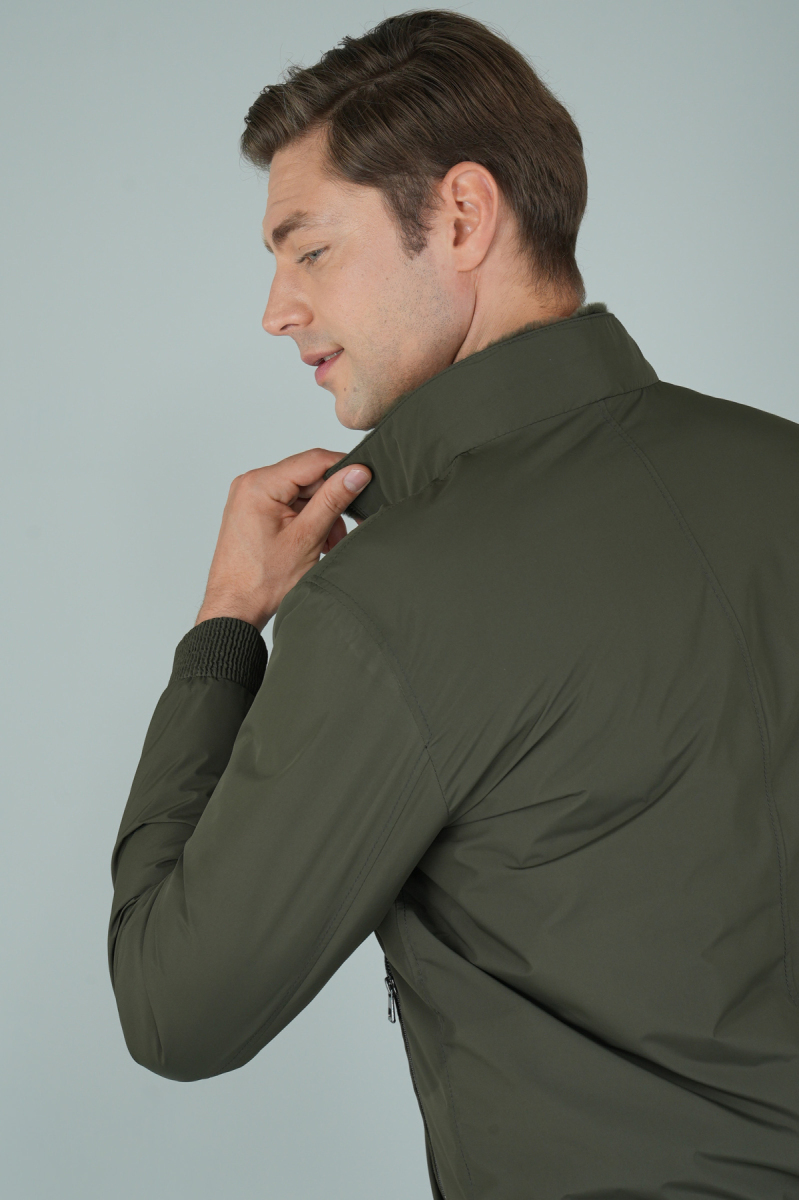 Erkek Kürk Yakalı Haki Mont - 4