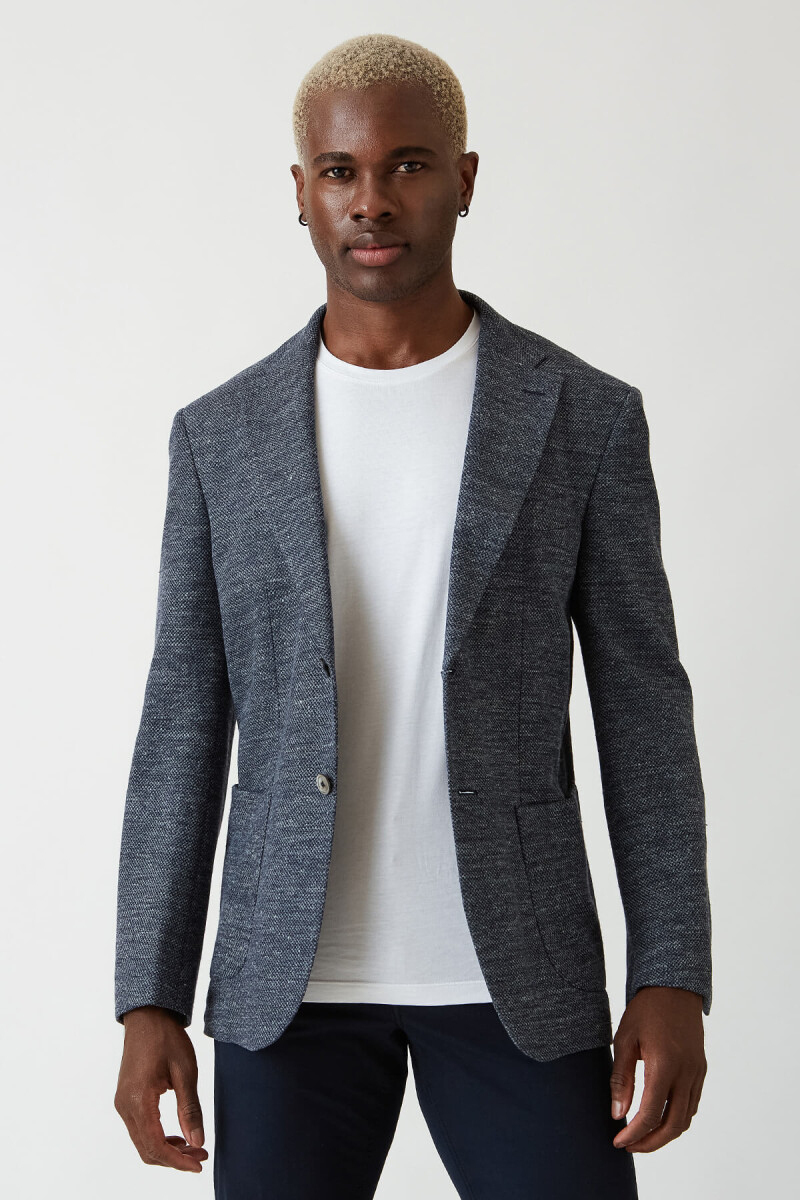 Erkek Lacivert 2 Düğmeli Çift Yırtmaçlı Mono Yaka Ceket