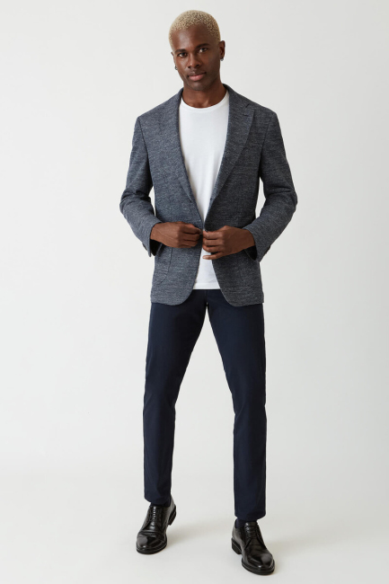 Erkek Lacivert 2 Düğmeli Çift Yırtmaçlı Mono Yaka Ceket - 5