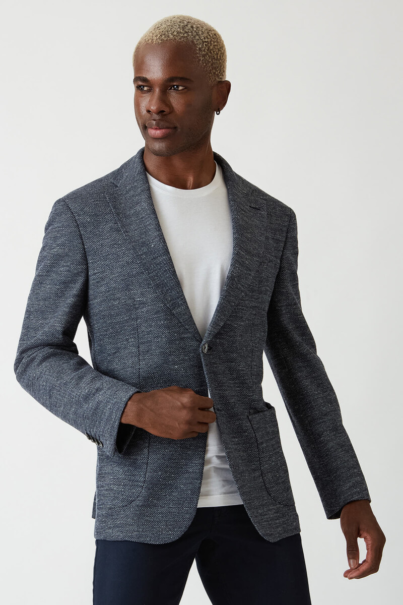 Erkek Lacivert 2 Düğmeli Çift Yırtmaçlı Mono Yaka Ceket - 4