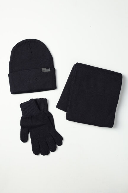 Erkek Lacivert Akrilik Atkı Bere Seti