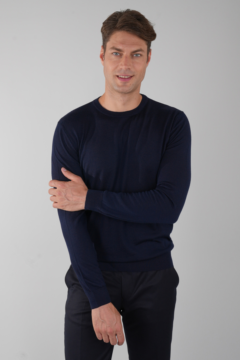 Erkek Lacivert Bisiklet Yaka Yün Triko