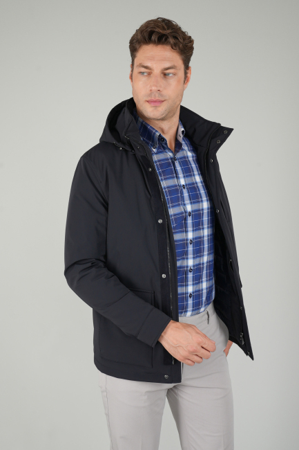 Erkek Lacivert Casual Kapüşonlu Mont