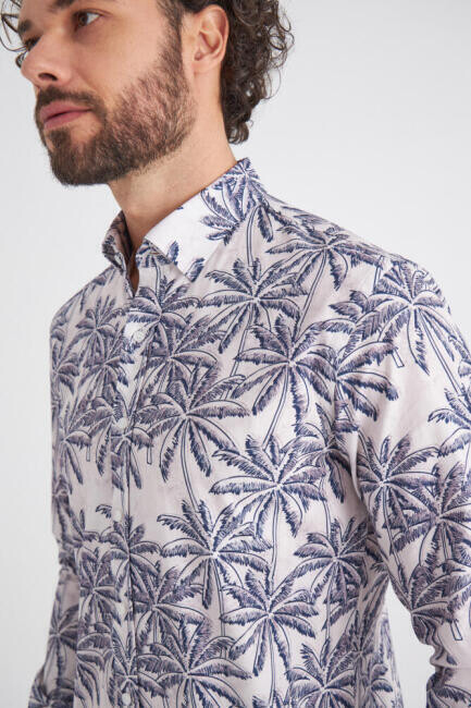 Erkek Lacivert Desenli Slim Fit Pamuk Spor Gömlek - 3