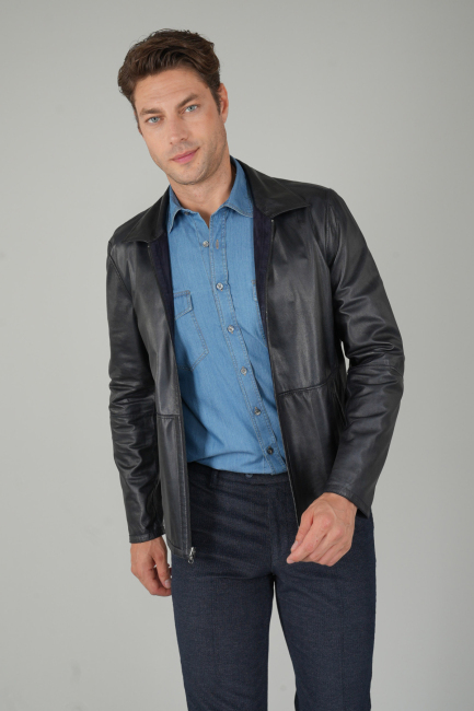 Erkek Lacivert Gerçek Deri Mont - 1