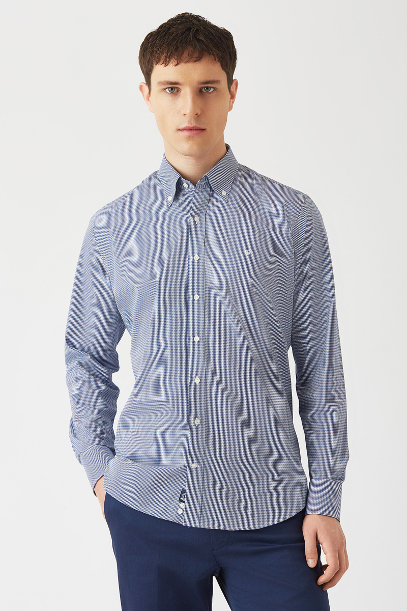 Erkek Lacivert Pamuk Regular Fit Düğmeli Yaka Erkek Gömlek