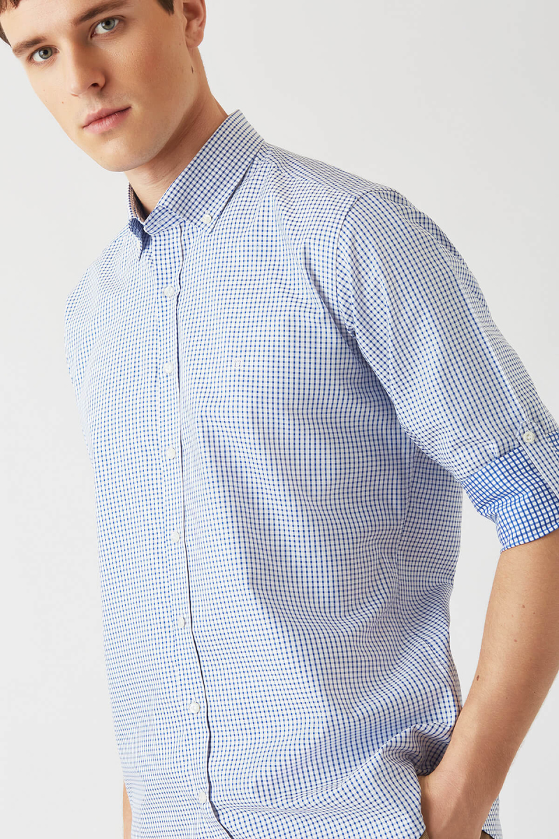 Erkek Lacivert Pamuk Regular Fit Paşa Yaka Spor Gömlek - 3