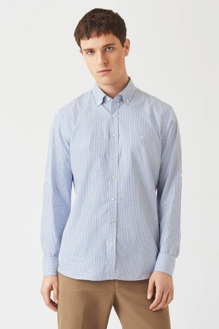 Erkek Lacivert Pamuk Regular Fit Paşa Yaka Spor Gömlek 