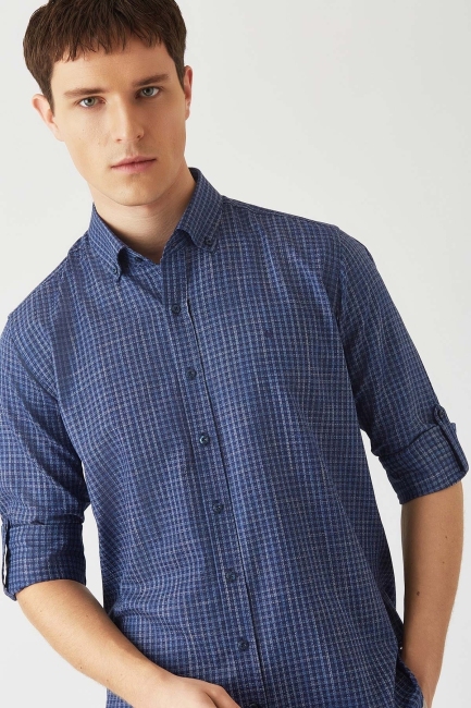 Erkek Lacivert Pamuk Regular Fit Spor Gömlek - 3