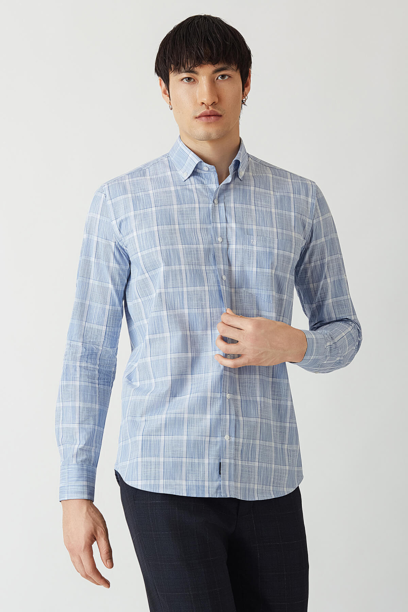 Erkek Lacivert Paşa Yaka Regular Fit Uzun Kol Spor Gömlek - 1