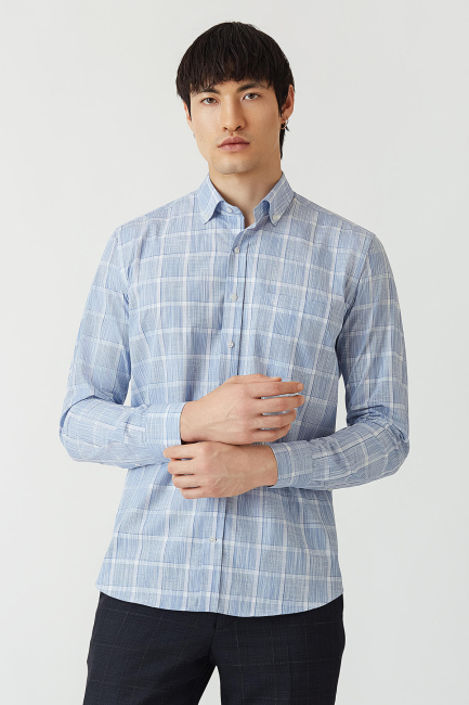 Erkek Lacivert Paşa Yaka Regular Fit Uzun Kol Spor Gömlek - 5