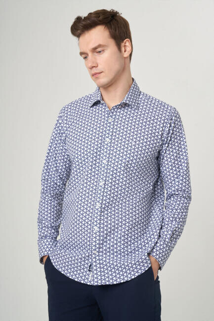 Erkek Lacivert Regular Fit Klasik Yaka Uzun Kol Spor Gömlek - 4