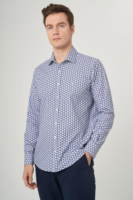 Erkek Lacivert Regular Fit Klasik Yaka Uzun Kol Spor Gömlek 