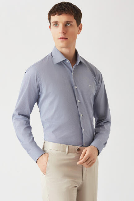 Erkek Lacivert Regular Fit Likralı Şık Klasik Gömlek - 4
