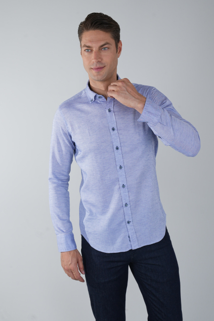 Erkek Lacivert Uzun Kol Paşa Yaka Cepli Gömlek - 1