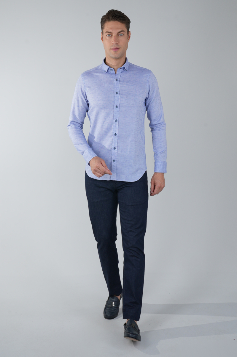 Erkek Lacivert Uzun Kol Paşa Yaka Cepli Gömlek - 5