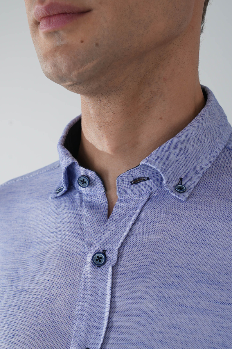 Erkek Lacivert Uzun Kol Paşa Yaka Cepli Gömlek - 3