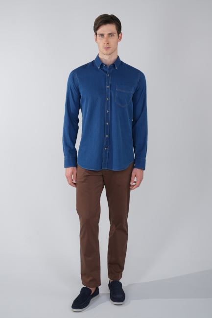 Erkek Lacivert Uzun Kol Paşa Yaka Tek Cep Gömlek - 5