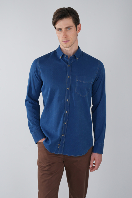 Erkek Lacivert Uzun Kol Paşa Yaka Tek Cep Gömlek - 1