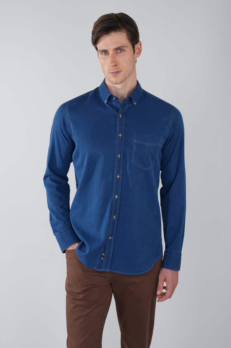 Erkek Lacivert Uzun Kol Paşa Yaka Tek Cep Gömlek