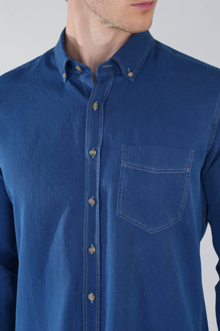 Erkek Lacivert Uzun Kol Paşa Yaka Tek Cep Gömlek - 3