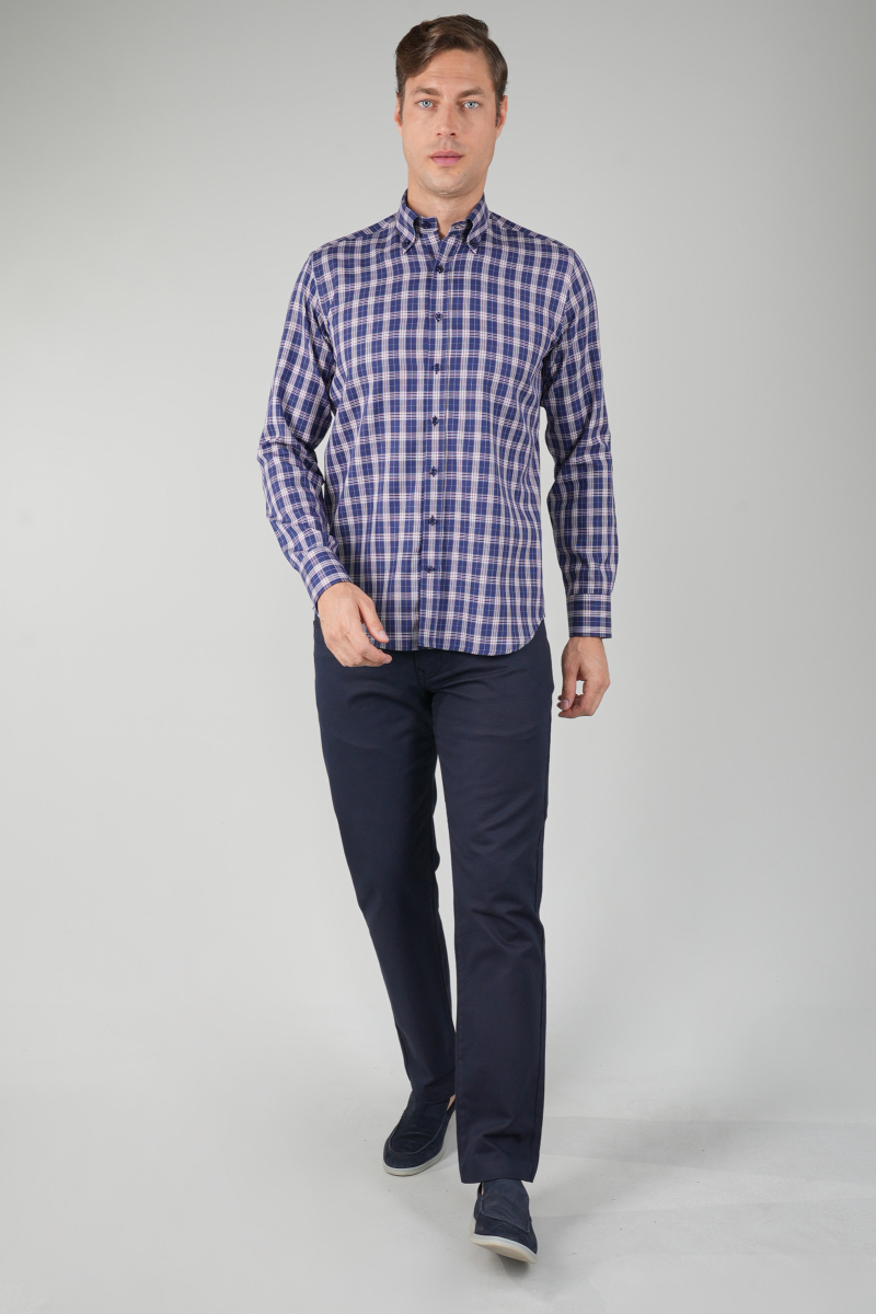 Erkek Lacivert Uzun Kollu Kareli Spor Gömlek - 5