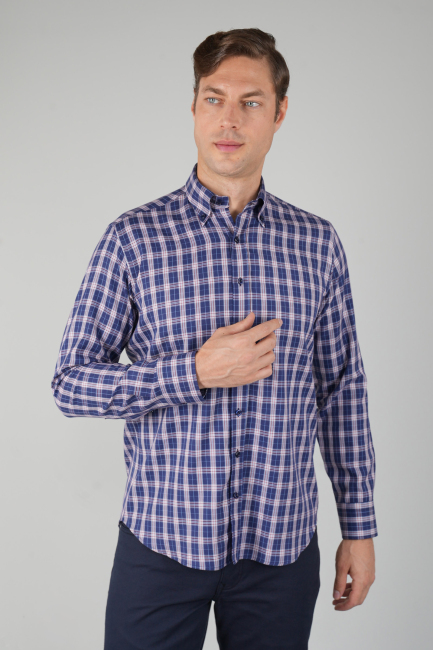 Erkek Lacivert Uzun Kollu Kareli Spor Gömlek