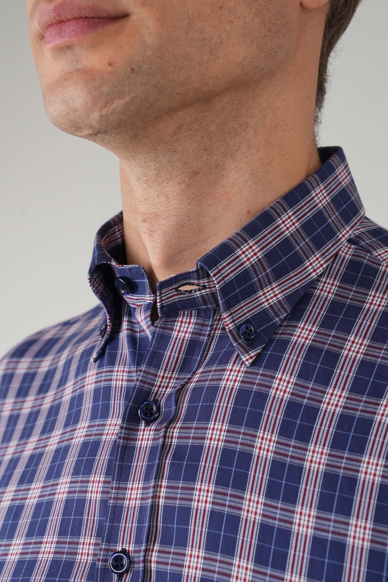 Erkek Lacivert Uzun Kollu Kareli Spor Gömlek - 3